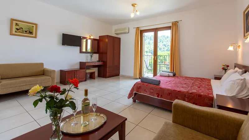 An apartment with a sofa and balcony doors