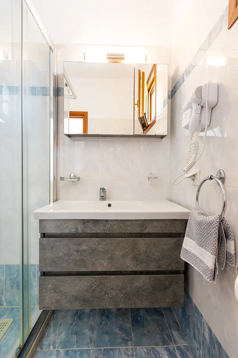 The bathroom vanity and shower