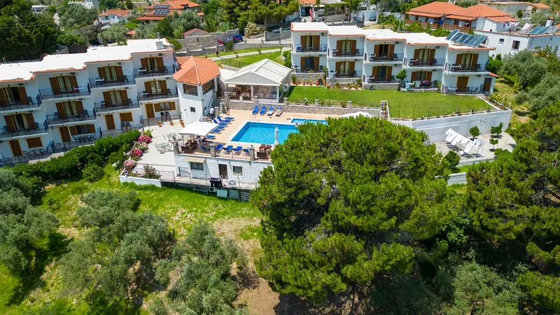 Skiathos Diamond among the green hills, from the air