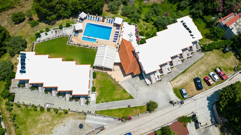 The two apartment buildings around the pool, from the air