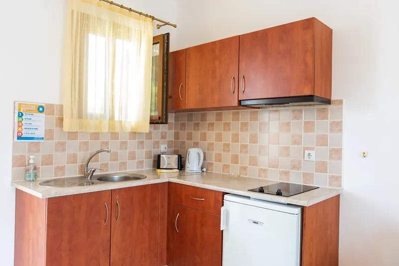 The kitchenette and fridge