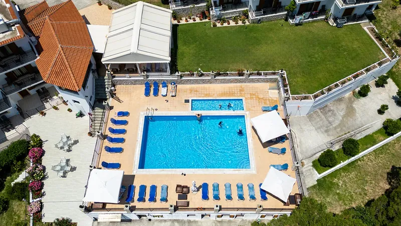 The pool and the taverna canopy from above
