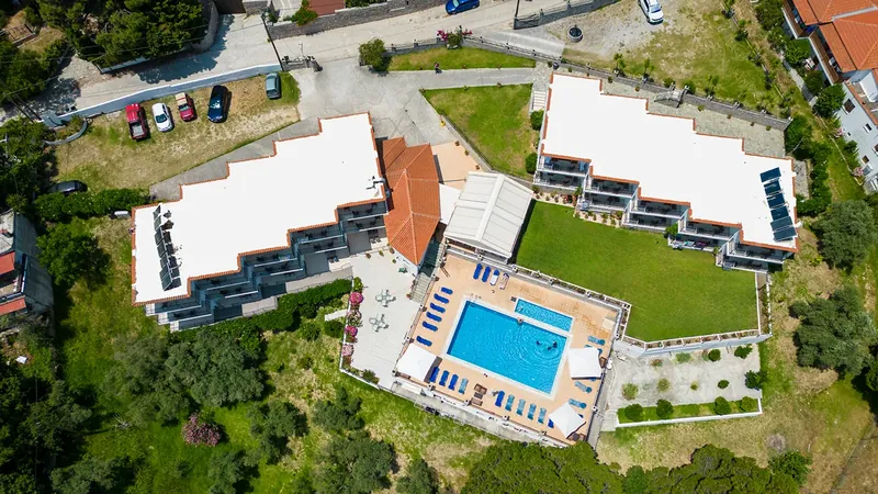 The pool between the buildings, from the air