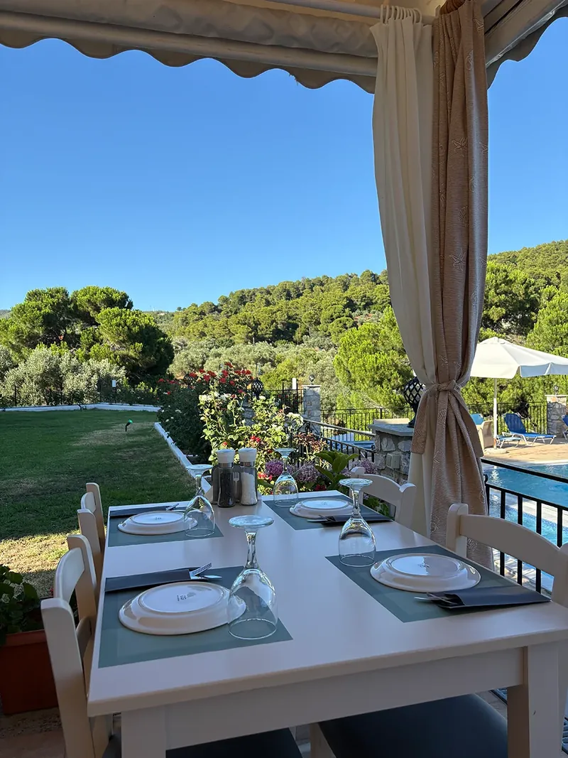 A taverna table with a view of the hills